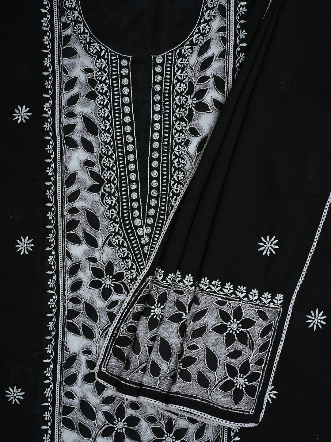 Ada Hand Embroidered Black Cotton And Net Lucknowi Chikankari Semi-stitched Kurta Dupatta Set 01A857072