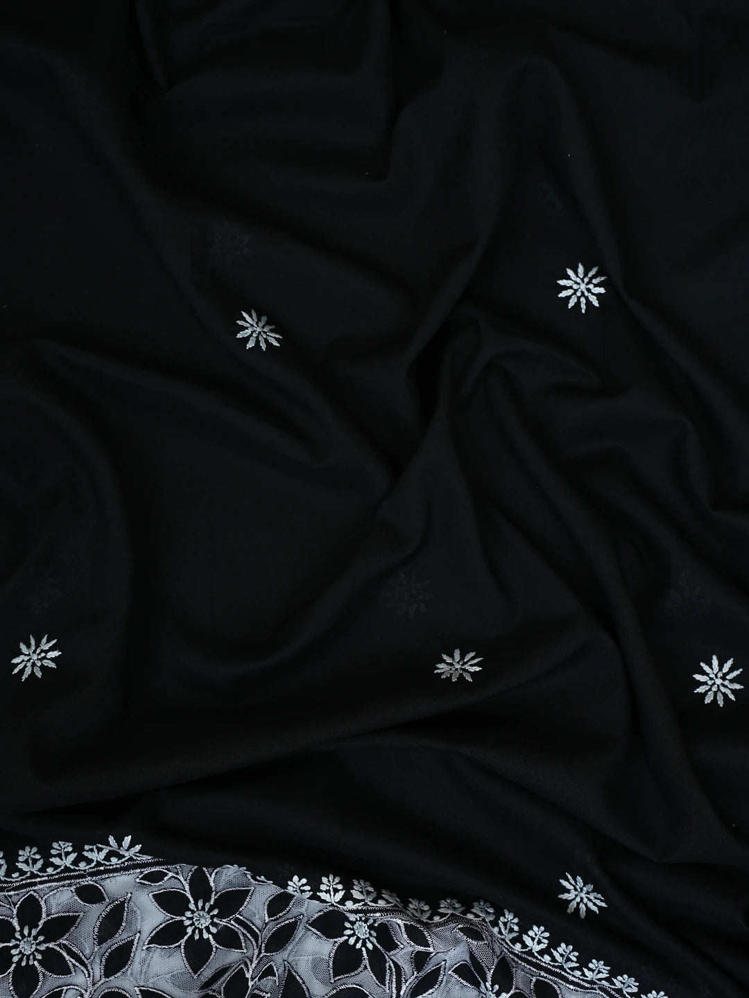 Ada Hand Embroidered Black Cotton And Net Lucknowi Chikankari Semi-stitched Kurta Dupatta Set 01A857072