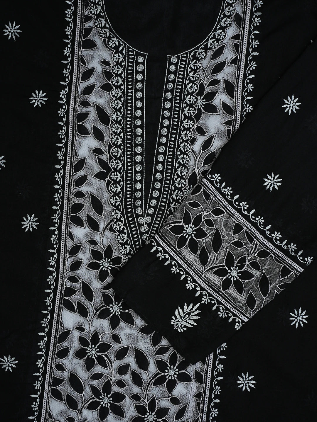 Ada Hand Embroidered Black Cotton And Net Lucknowi Chikankari Semi-stitched Kurta Dupatta Set 01A857072