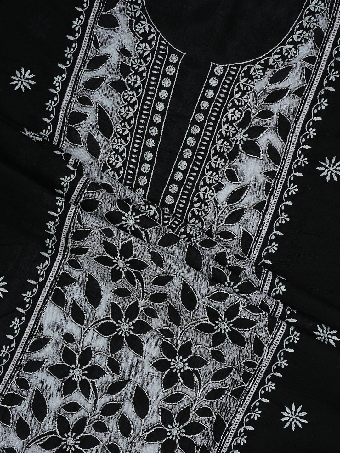 Ada Hand Embroidered Black Cotton And Net Lucknowi Chikankari Semi-stitched Kurta Dupatta Set 01A857072