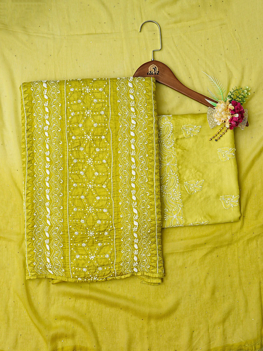 Ada Hand Embroidered Mehandi Green Modal Lucknowi Chikankari Unstitched Suit Piece 01A853370