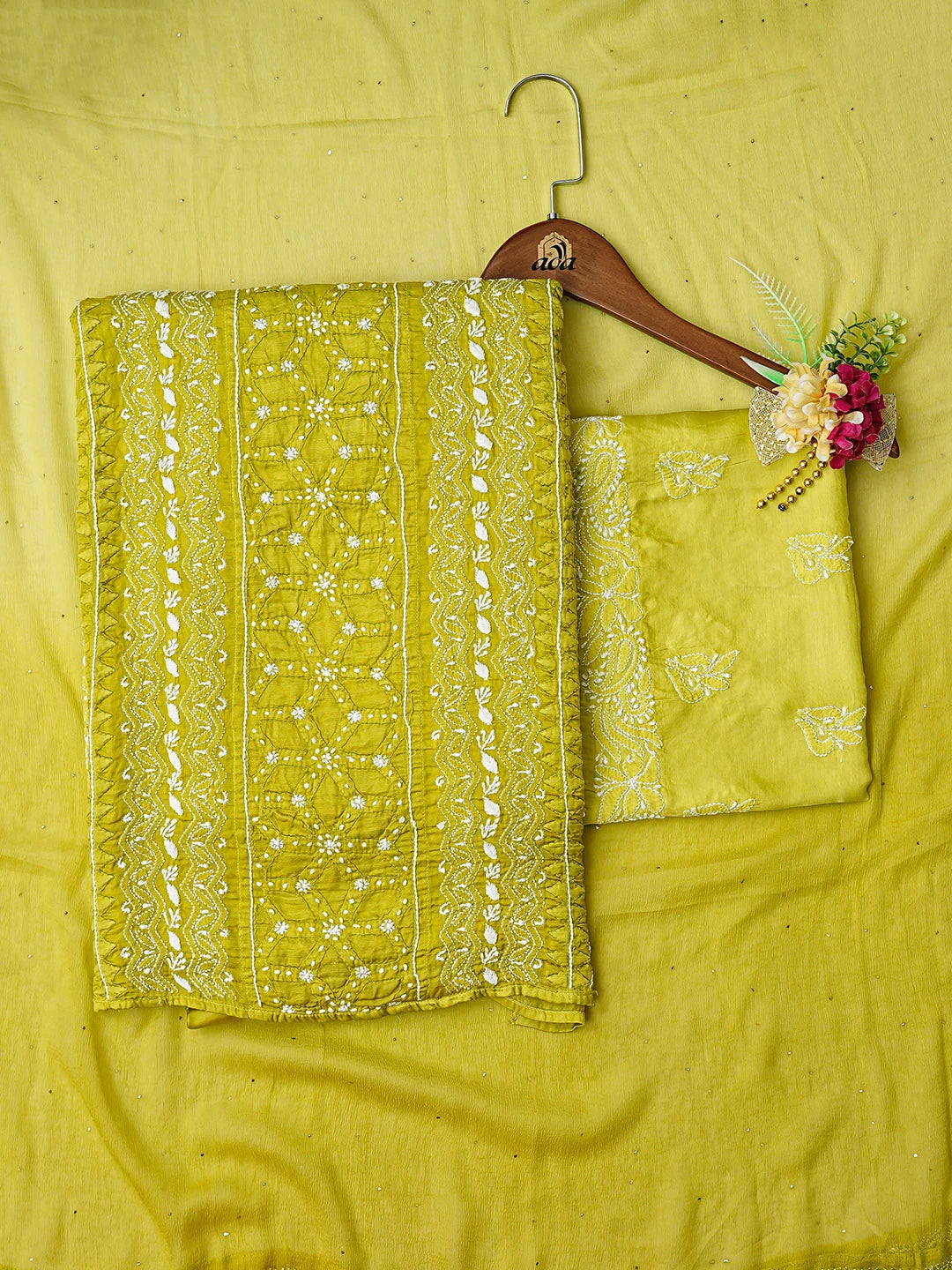 Ada Hand Embroidered Mehandi Green Modal Lucknowi Chikankari Unstitched Suit Piece 01A853370
