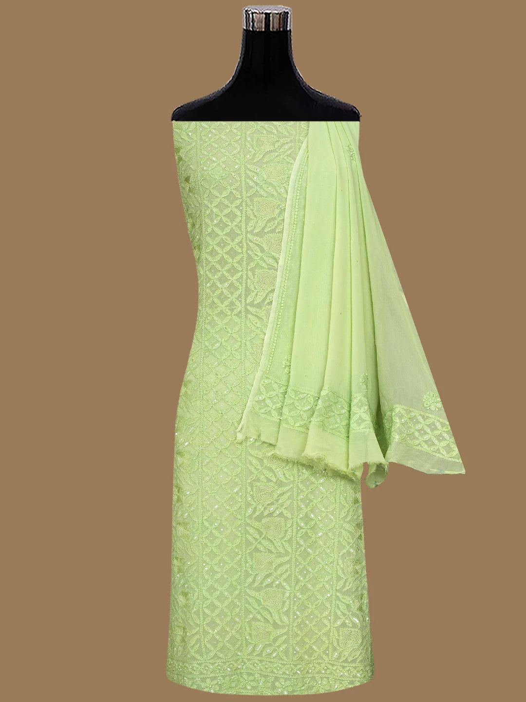 Ada Hand Embroidered Lime Green Viscose Georgette Lucknowi Chikankari Unstitched Kurta Dupatta Set With Cutdana Work 01A789434
