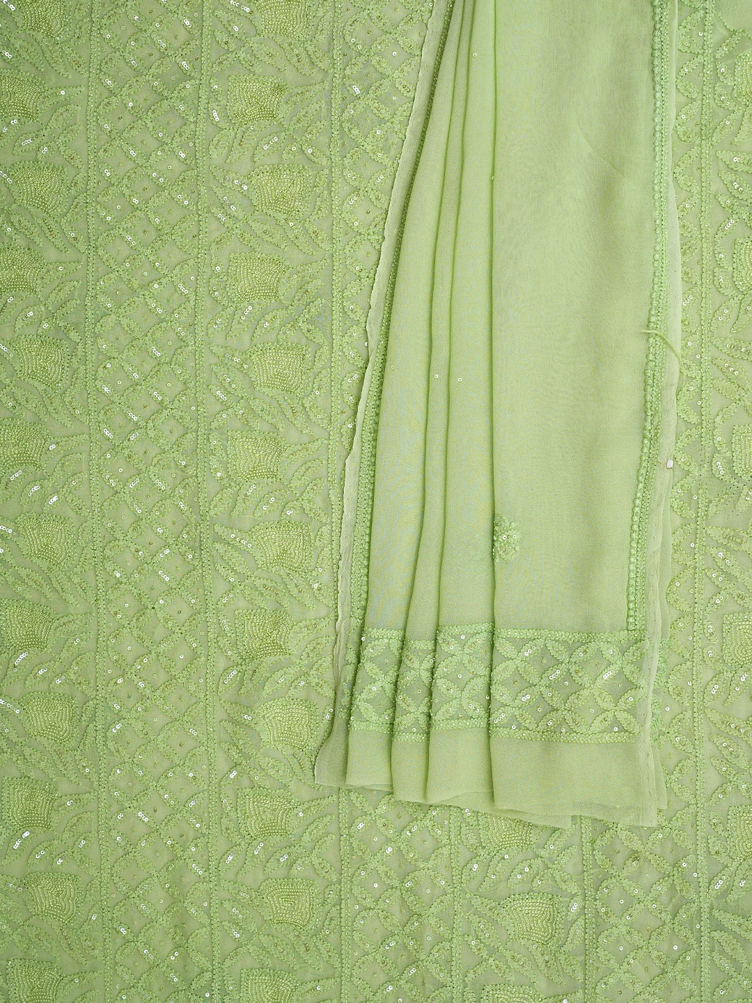 Ada Hand Embroidered Lime Green Viscose Georgette Lucknowi Chikankari Unstitched Kurta Dupatta Set With Cutdana Work 01A789434