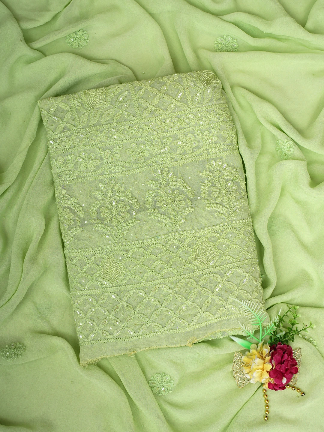 Ada Hand Embroidered Lime Green Viscose Georgette Lucknowi Chikankari Unstitched Kurta Dupatta Set With Cutdana Work 01A789434