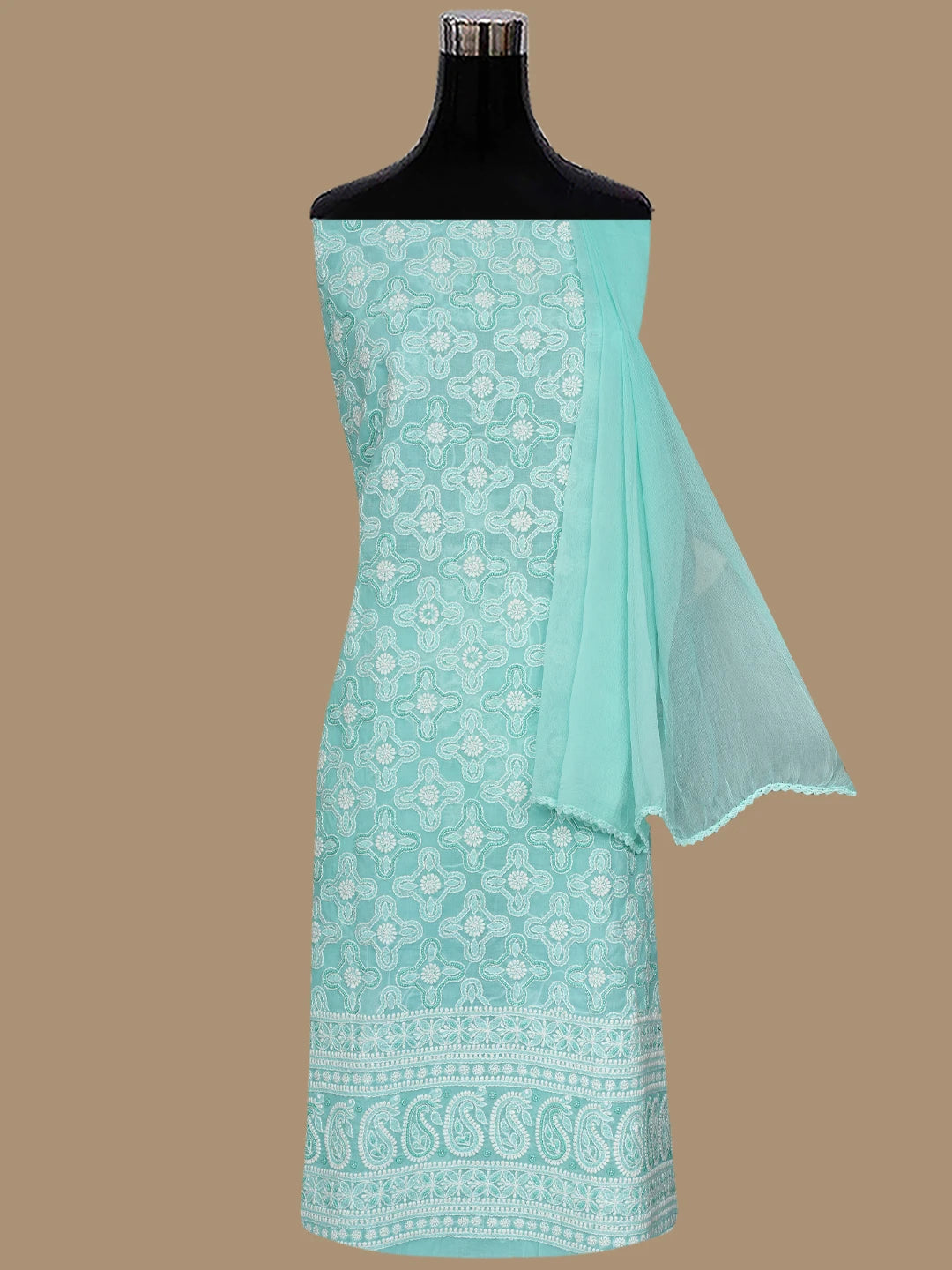 Ada Hand Embroidered Sea Green Cotton Lucknowi Chikankari Unstitched Suit Piece With Pearl Work 01A622187
