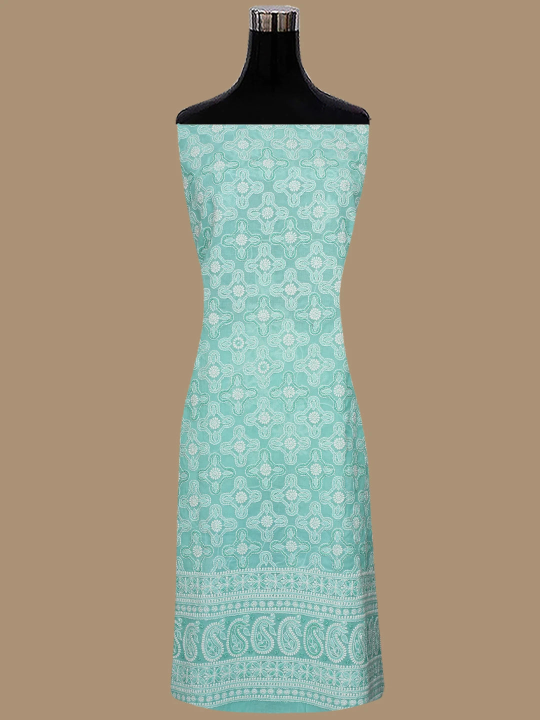 Ada Hand Embroidered Sea Green Cotton Lucknowi Chikankari Unstitched Suit Piece With Pearl Work 01A622187