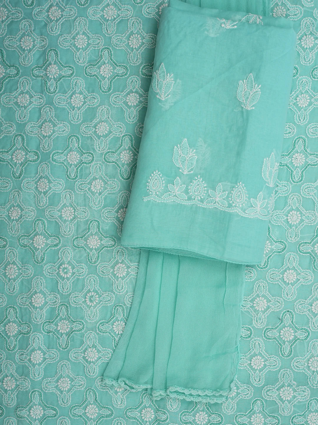 Ada Hand Embroidered Sea Green Cotton Lucknowi Chikankari Unstitched Suit Piece With Pearl Work 01A622187