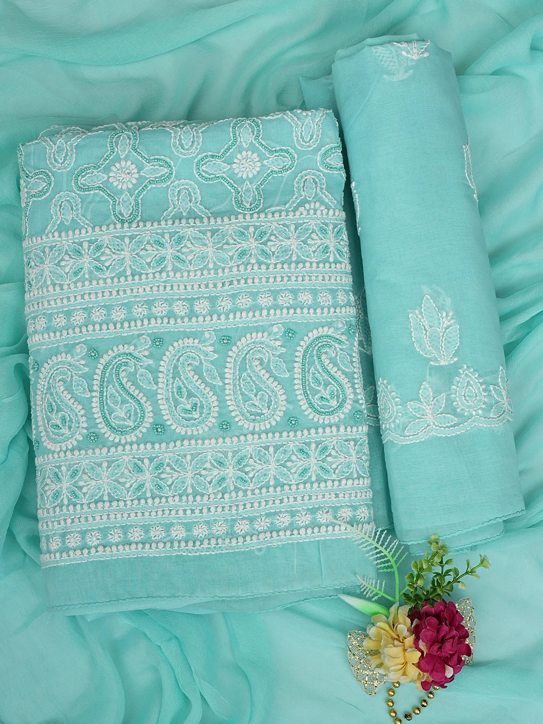 Ada Hand Embroidered Sea Green Cotton Lucknowi Chikankari Unstitched Suit Piece With Pearl Work 01A622187