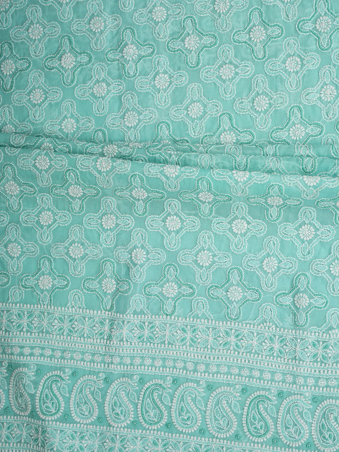 Ada Hand Embroidered Sea Green Cotton Lucknowi Chikankari Unstitched Suit Piece With Pearl Work 01A622187
