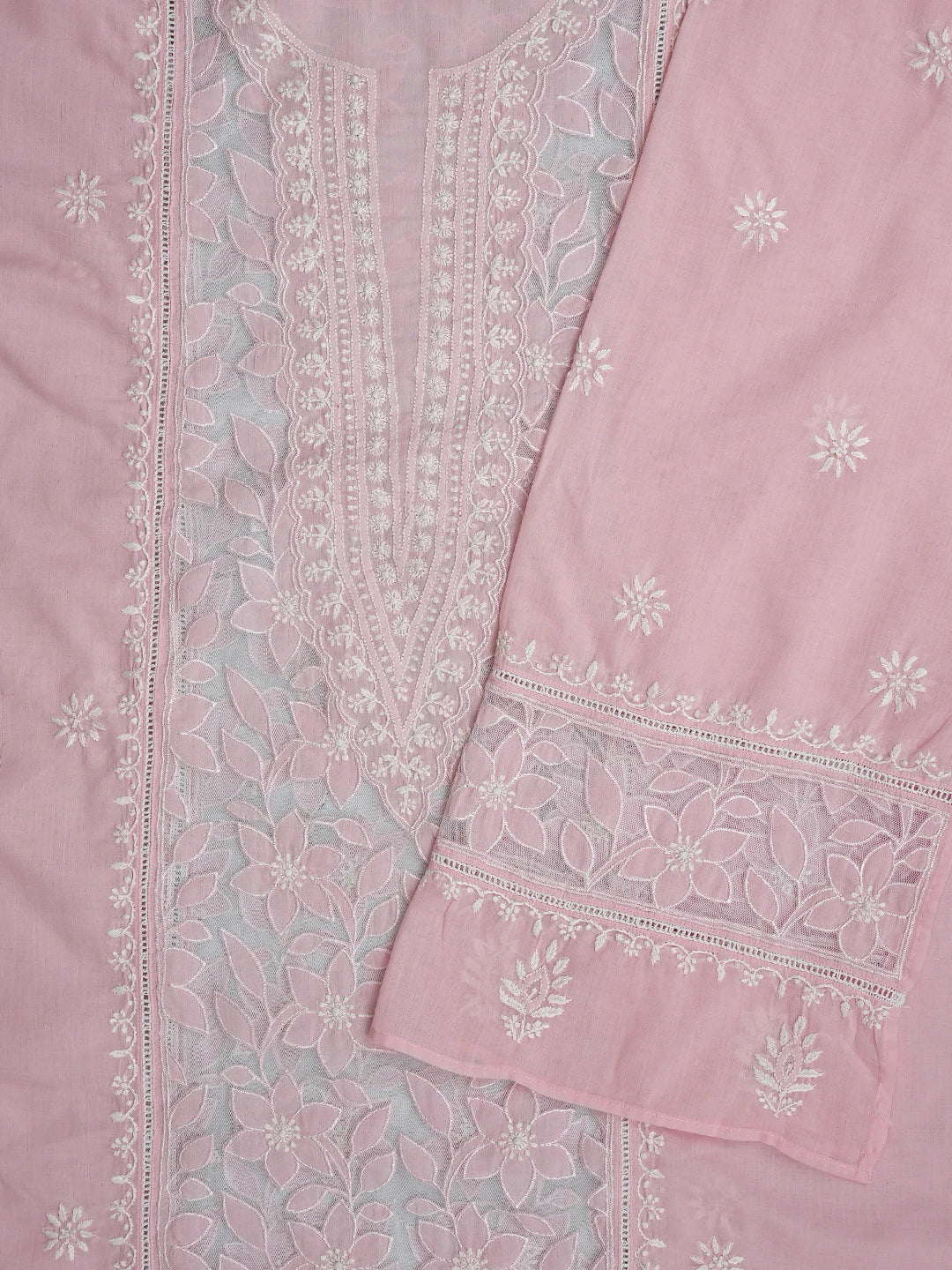 Ada Hand Embroidered Pink Cotton And Net Lucknowi Chikankari Semi-stitched Kurta Dupatta Set 01A857074