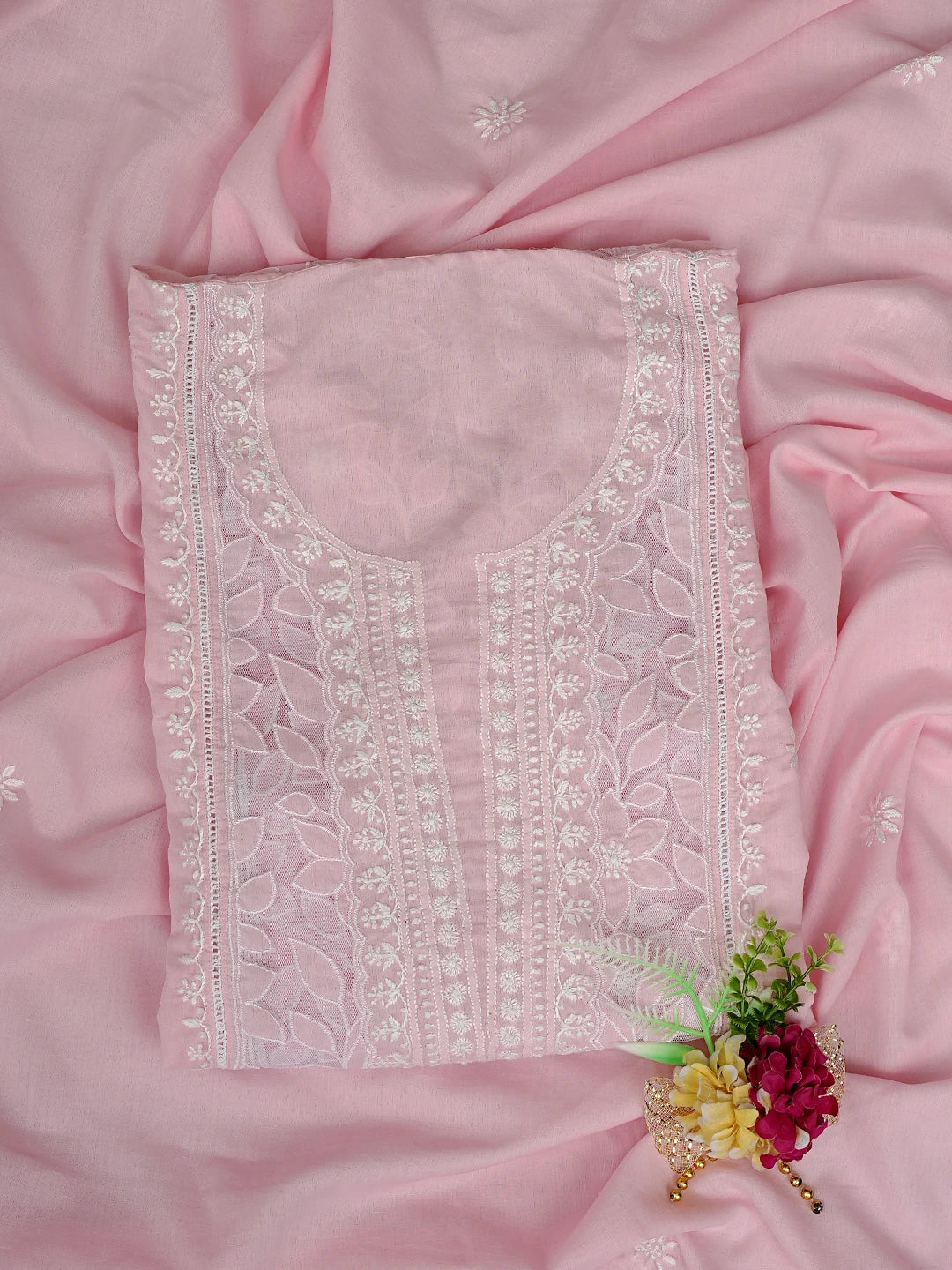 Ada Hand Embroidered Pink Cotton And Net Lucknowi Chikankari Semi-stitched Kurta Dupatta Set 01A857074