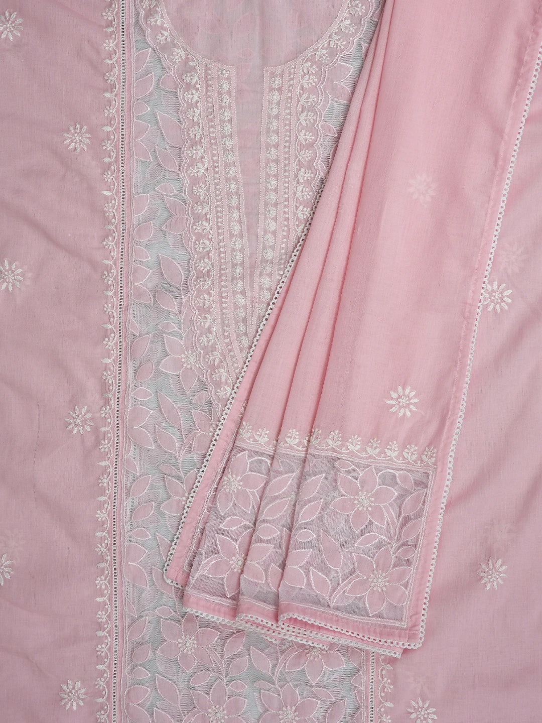 Ada Hand Embroidered Pink Cotton And Net Lucknowi Chikankari Semi-stitched Kurta Dupatta Set 01A857074