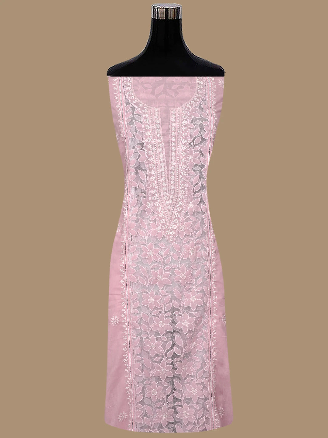Ada Hand Embroidered Pink Cotton And Net Lucknowi Chikankari Semi-stitched Kurta Dupatta Set 01A857074