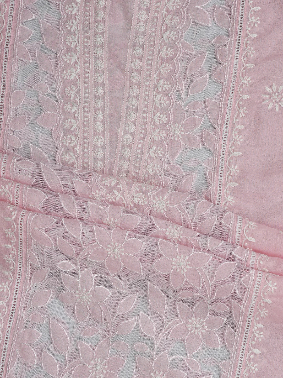 Ada Hand Embroidered Pink Cotton And Net Lucknowi Chikankari Semi-stitched Kurta Dupatta Set 01A857074