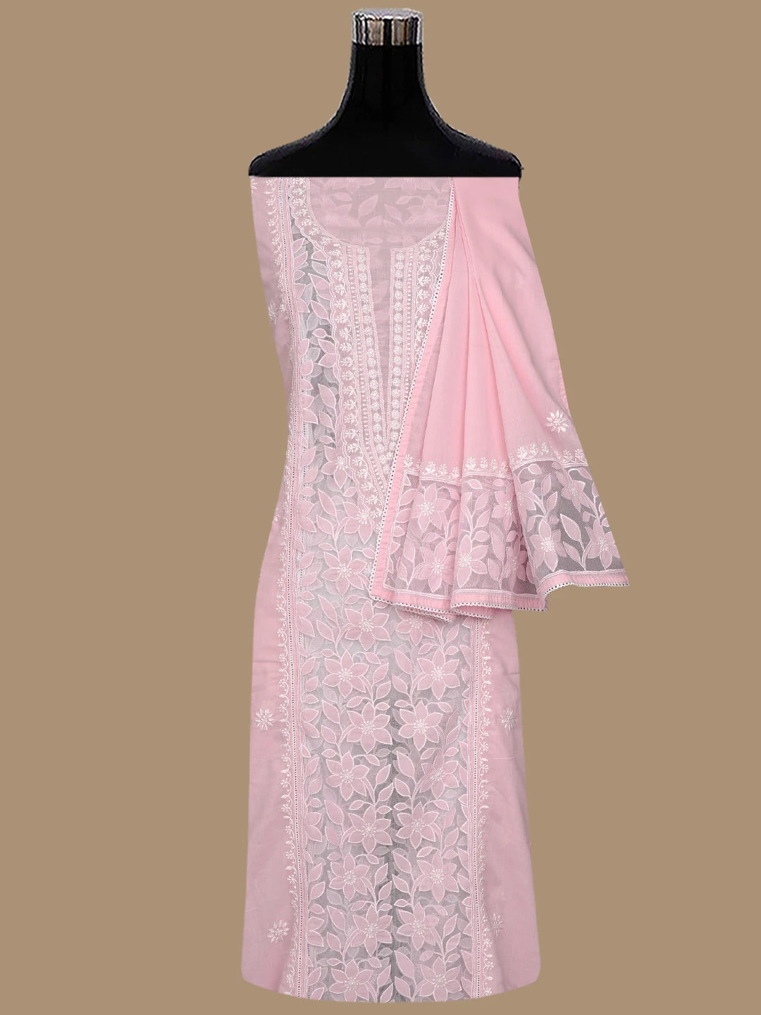 Ada Hand Embroidered Pink Cotton And Net Lucknowi Chikankari Semi-stitched Kurta Dupatta Set 01A857074