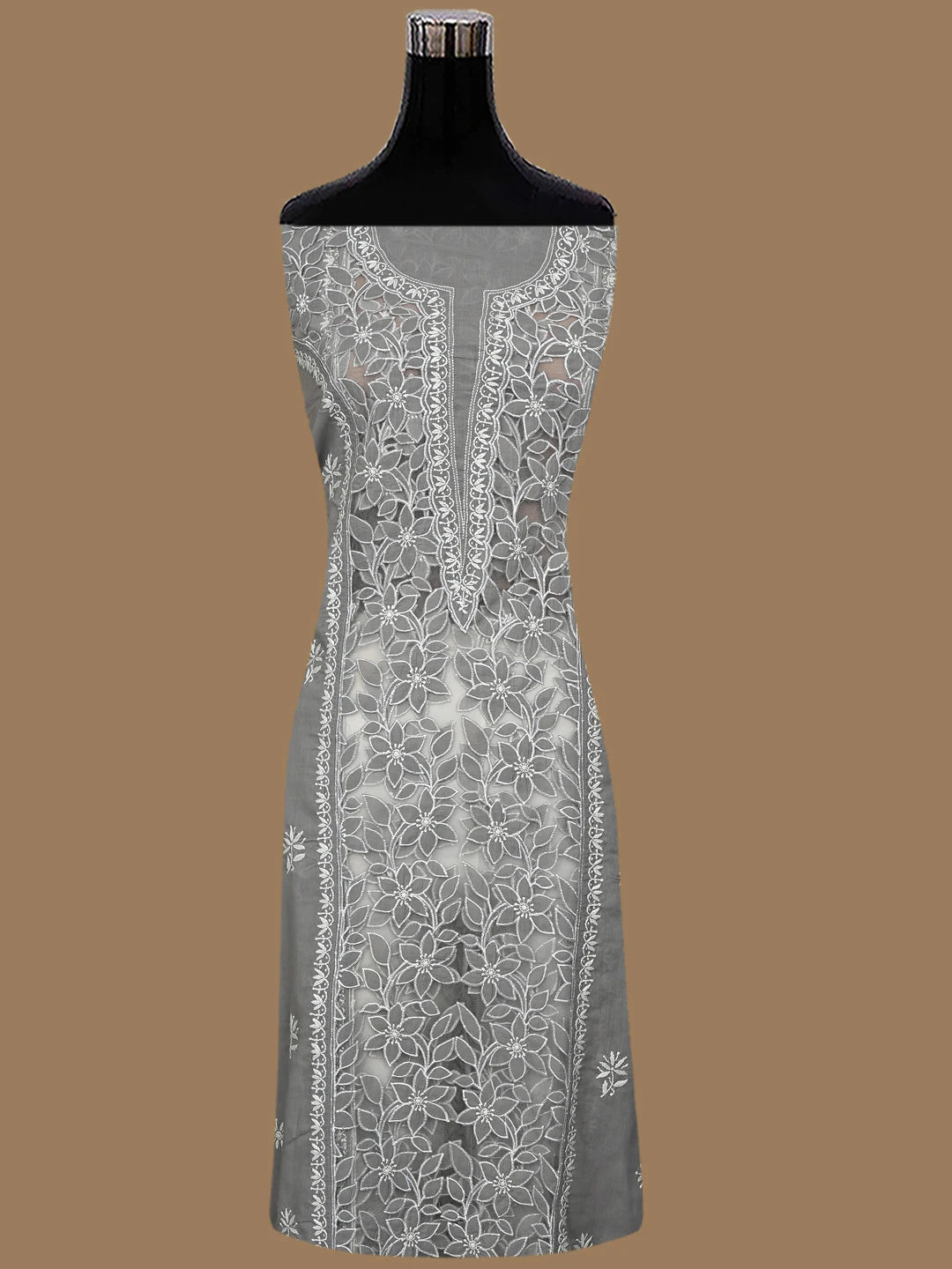 Ada Hand Embroidered Grey Cotton And Net Lucknowi Chikankari Semi-stitched Kurta Dupatta Set 01A857081