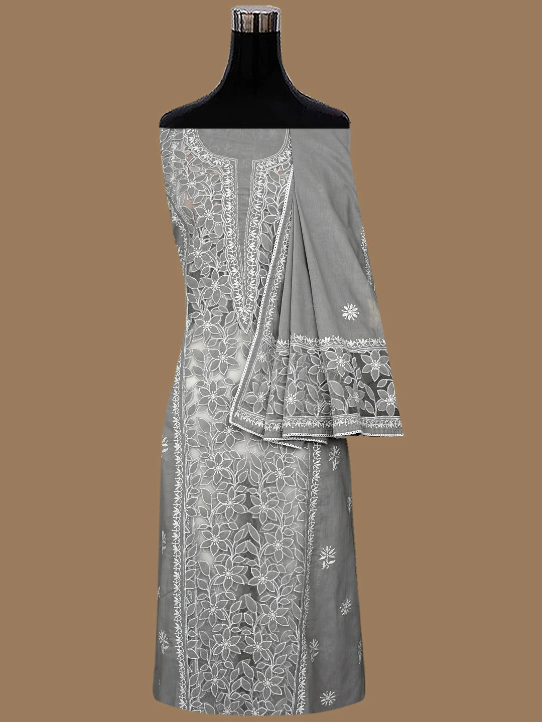 Ada Hand Embroidered Grey Cotton And Net Lucknowi Chikankari Semi-stitched Kurta Dupatta Set 01A857081