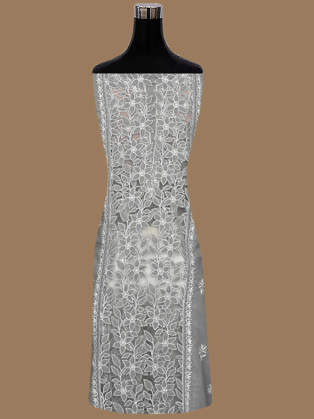 Ada Hand Embroidered Grey Cotton And Net Lucknowi Chikankari Semi-stitched Kurta Dupatta Set 01A857081