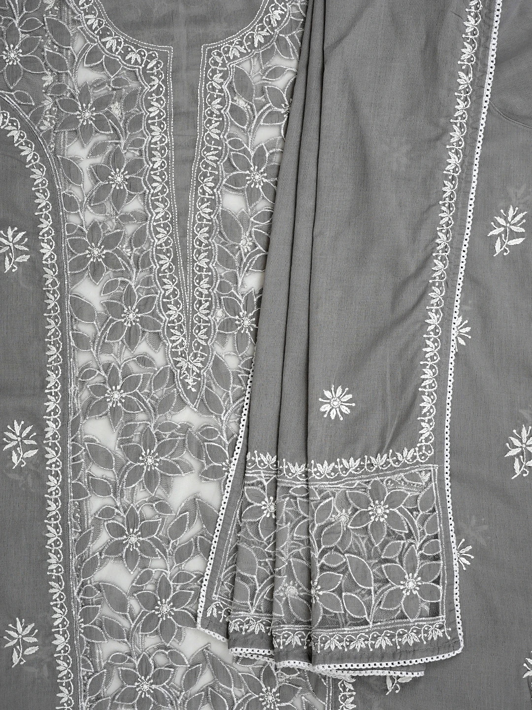 Ada Hand Embroidered Grey Cotton And Net Lucknowi Chikankari Semi-stitched Kurta Dupatta Set 01A857081