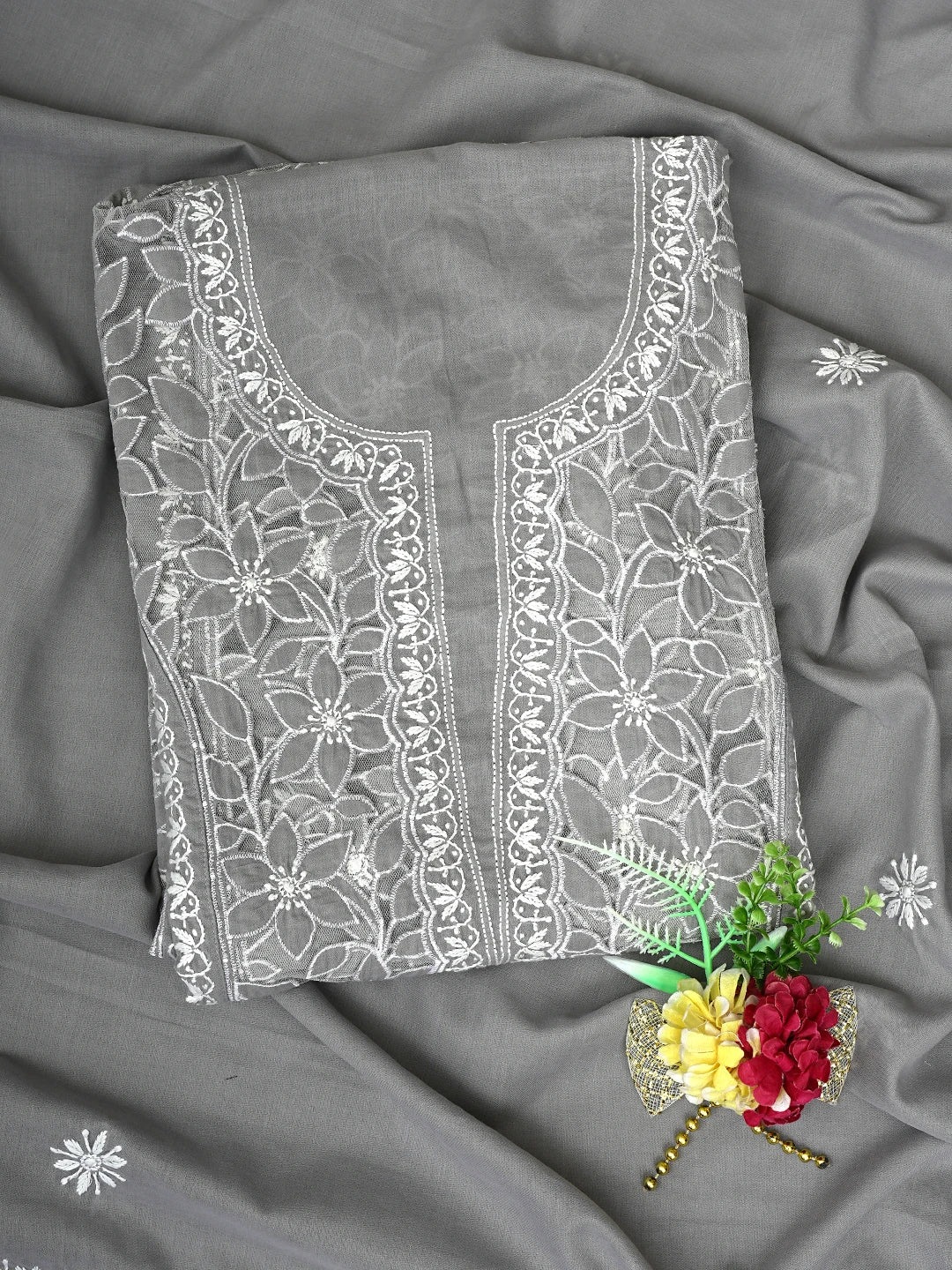 Ada Hand Embroidered Grey Cotton And Net Lucknowi Chikankari Semi-stitched Kurta Dupatta Set 01A857081