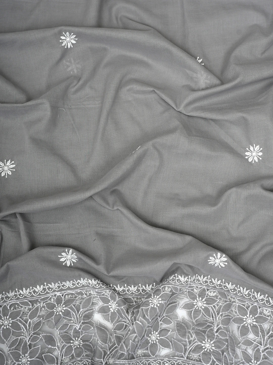 Ada Hand Embroidered Grey Cotton And Net Lucknowi Chikankari Semi-stitched Kurta Dupatta Set 01A857081