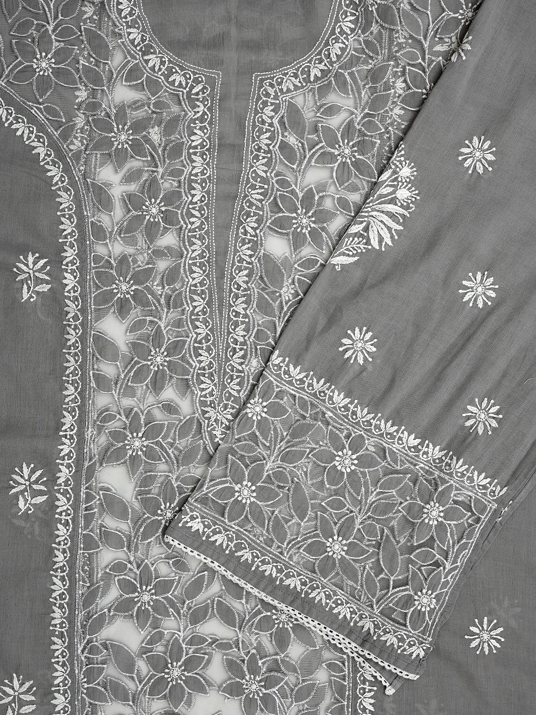 Ada Hand Embroidered Grey Cotton And Net Lucknowi Chikankari Semi-stitched Kurta Dupatta Set 01A857081