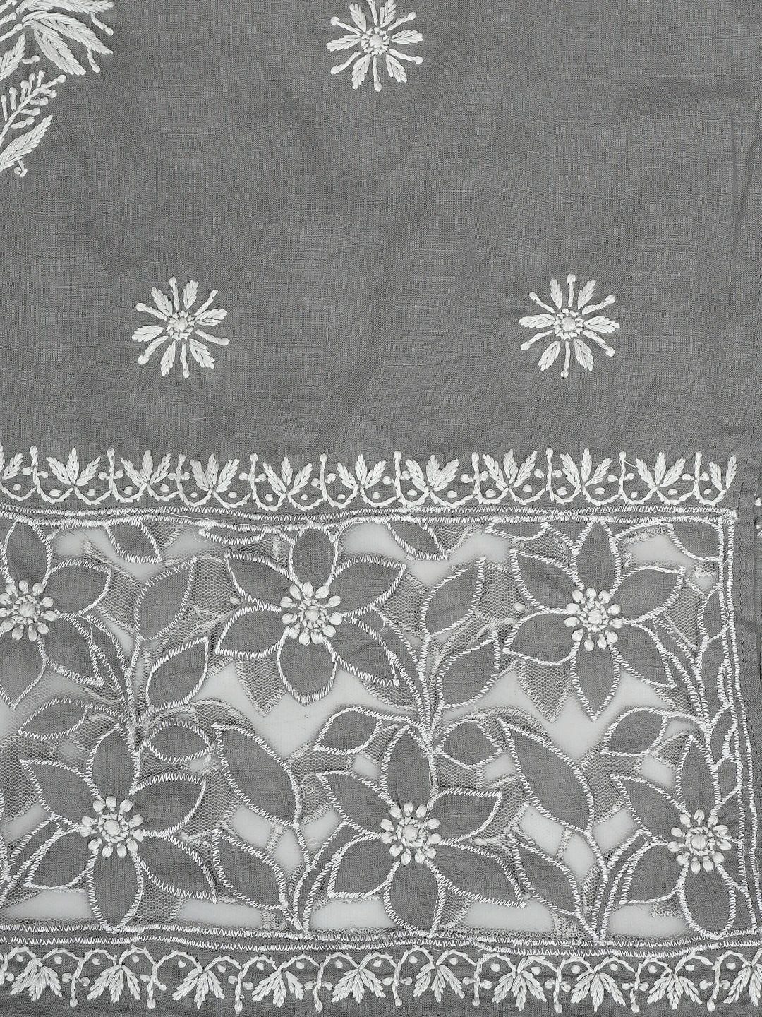 Ada Hand Embroidered Grey Cotton And Net Lucknowi Chikankari Semi-stitched Kurta Dupatta Set 01A857081
