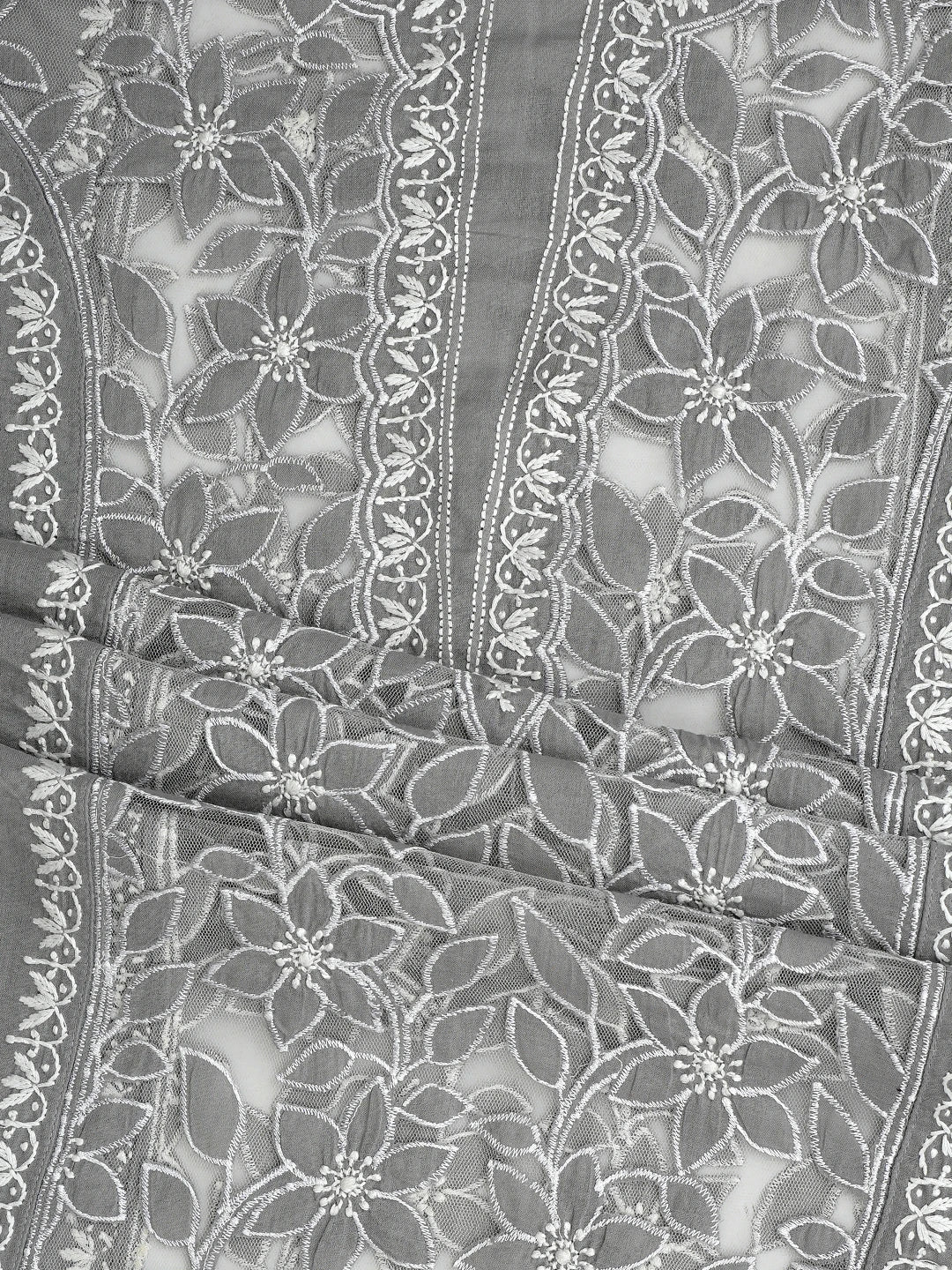 Ada Hand Embroidered Grey Cotton And Net Lucknowi Chikankari Semi-stitched Kurta Dupatta Set 01A857081