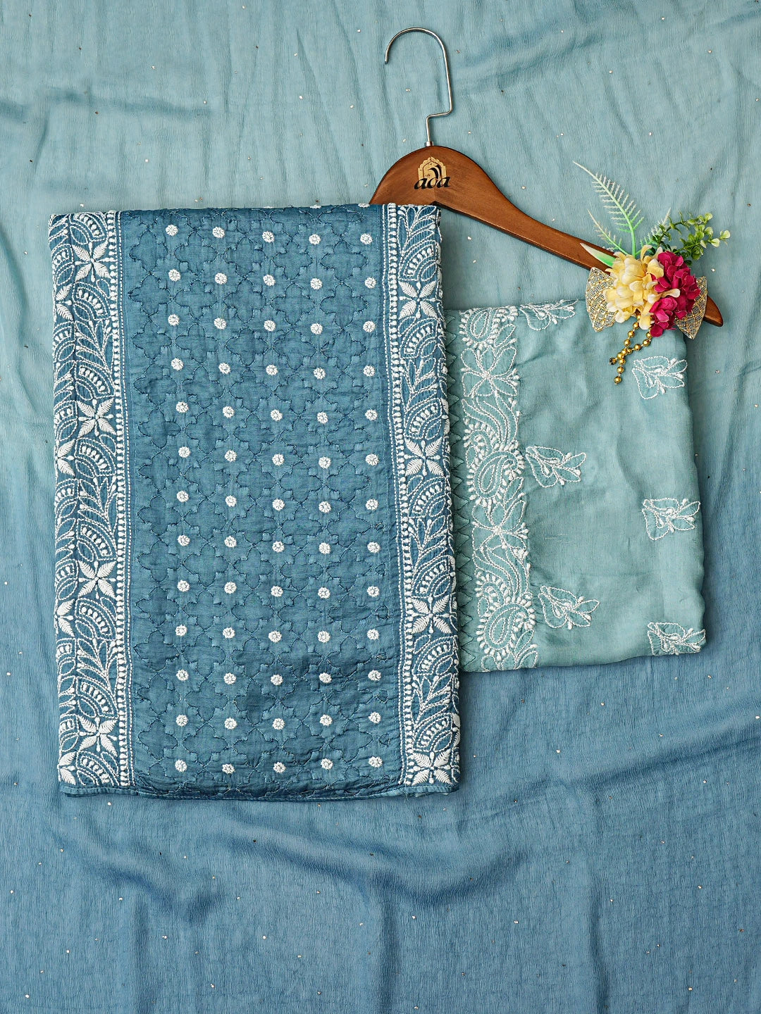 Ada Hand Embroidered Steel Blue Modal Lucknowi Chikankari Unstitched Suit Piece 01A853379