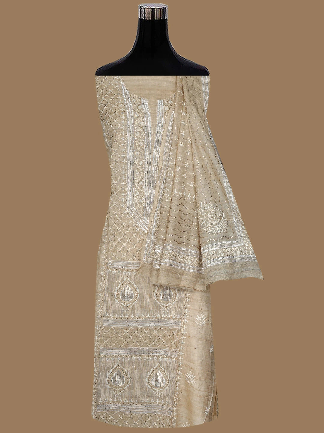 Ada Hand Embroidered Fawn Tussar Silk Lucknowi Chikankari Semi-Stitched Kurta Dupatta Set With Muqaish Work 01A857061