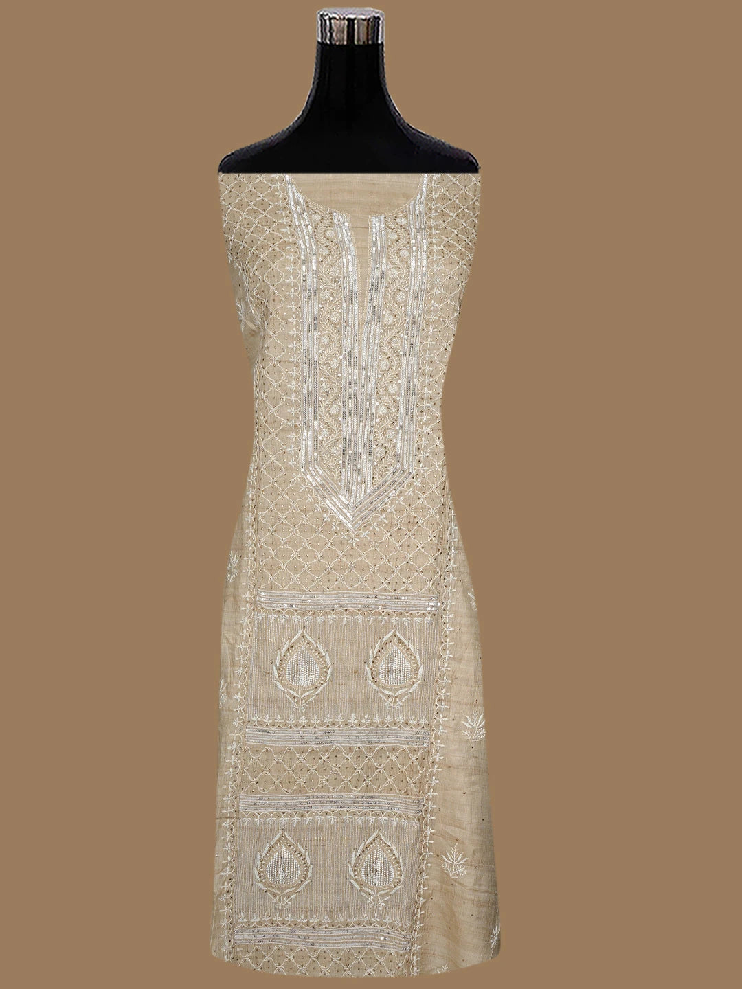 Ada Hand Embroidered Fawn Tussar Silk Lucknowi Chikankari Semi-Stitched Kurta Dupatta Set With Muqaish Work 01A857061