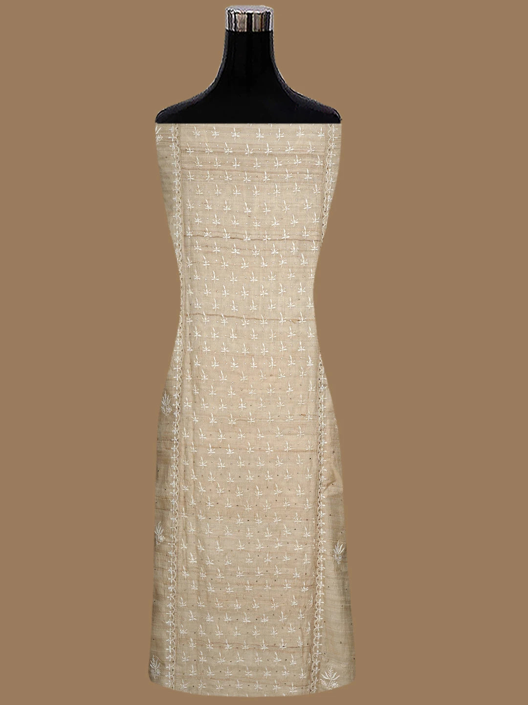 Ada Hand Embroidered Fawn Tussar Silk Lucknowi Chikankari Semi-Stitched Kurta Dupatta Set With Muqaish Work 01A857061