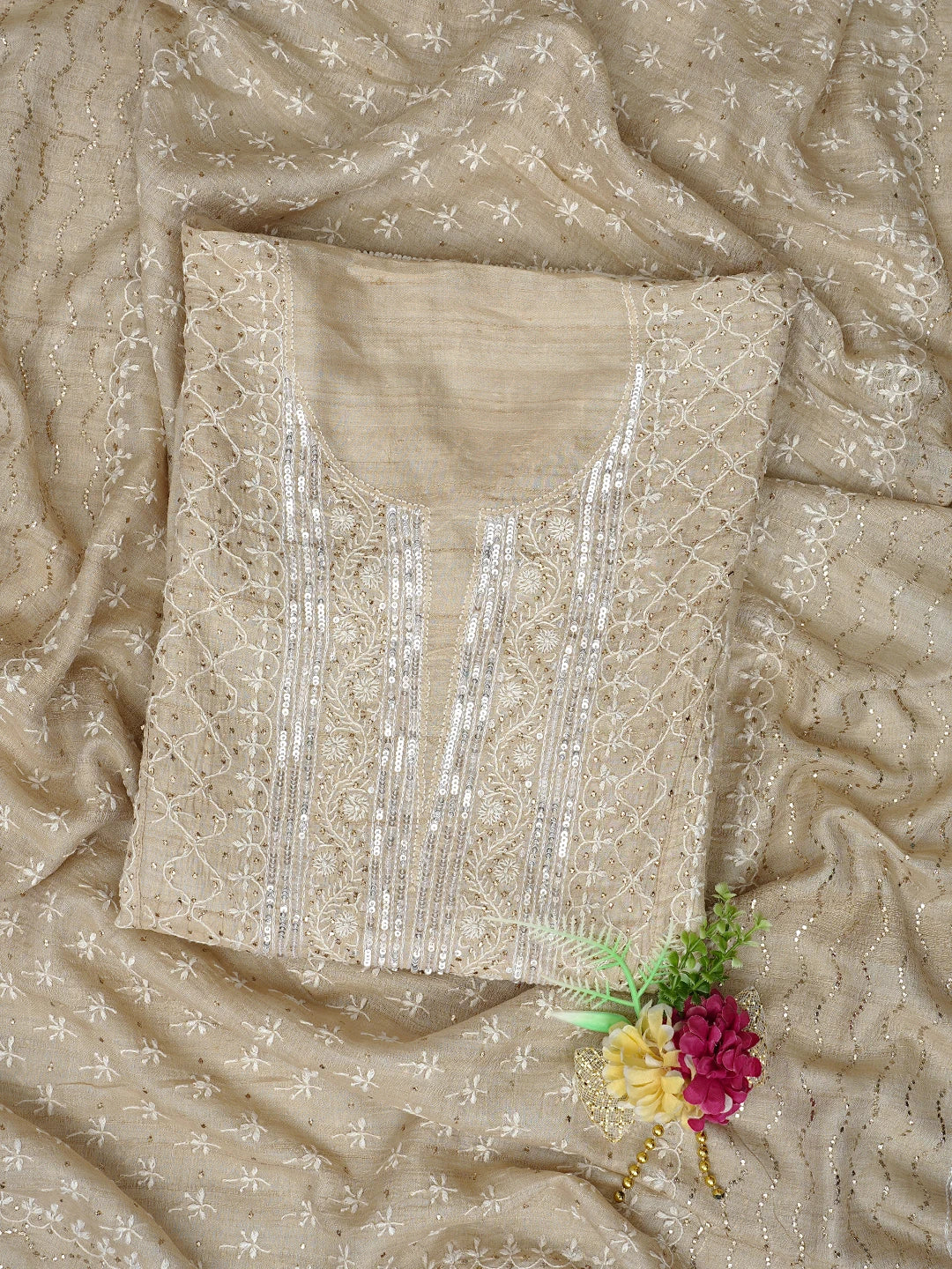 Ada Hand Embroidered Fawn Tussar Silk Lucknowi Chikankari Semi-Stitched Kurta Dupatta Set With Muqaish Work 01A857061