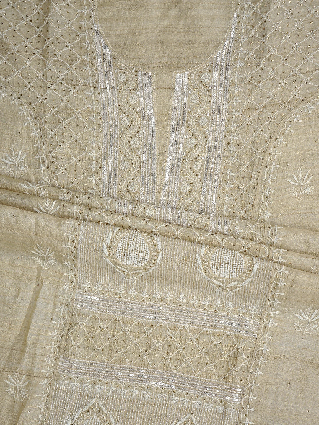 Ada Hand Embroidered Fawn Tussar Silk Lucknowi Chikankari Semi-Stitched Kurta Dupatta Set With Muqaish Work 01A857061