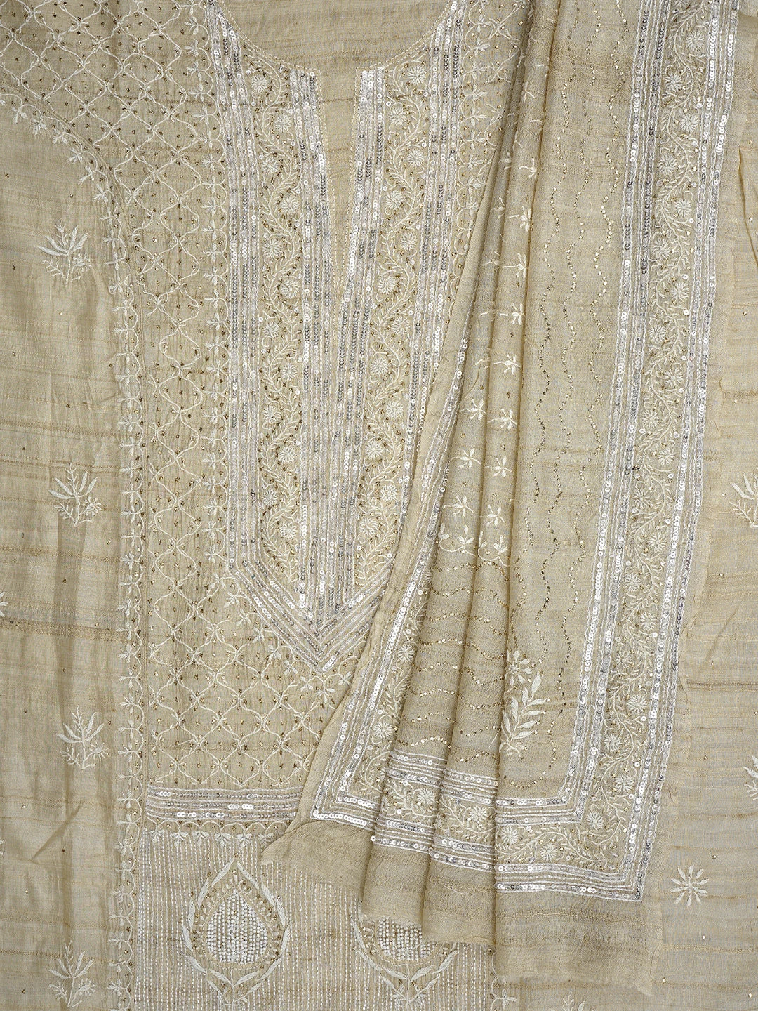 Ada Hand Embroidered Fawn Tussar Silk Lucknowi Chikankari Semi-Stitched Kurta Dupatta Set With Muqaish Work 01A857061