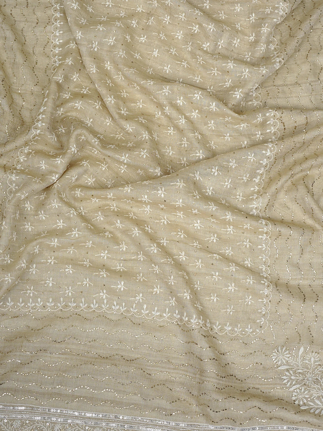 Ada Hand Embroidered Fawn Tussar Silk Lucknowi Chikankari Semi-Stitched Kurta Dupatta Set With Muqaish Work 01A857061