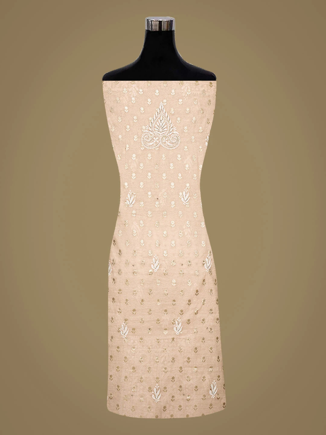 Ada Hand Embroidered Light Peach Chanderi Lucknowi Chikankari Unstitched Kurta Dupatta Set With Cutdana Work 01A722399