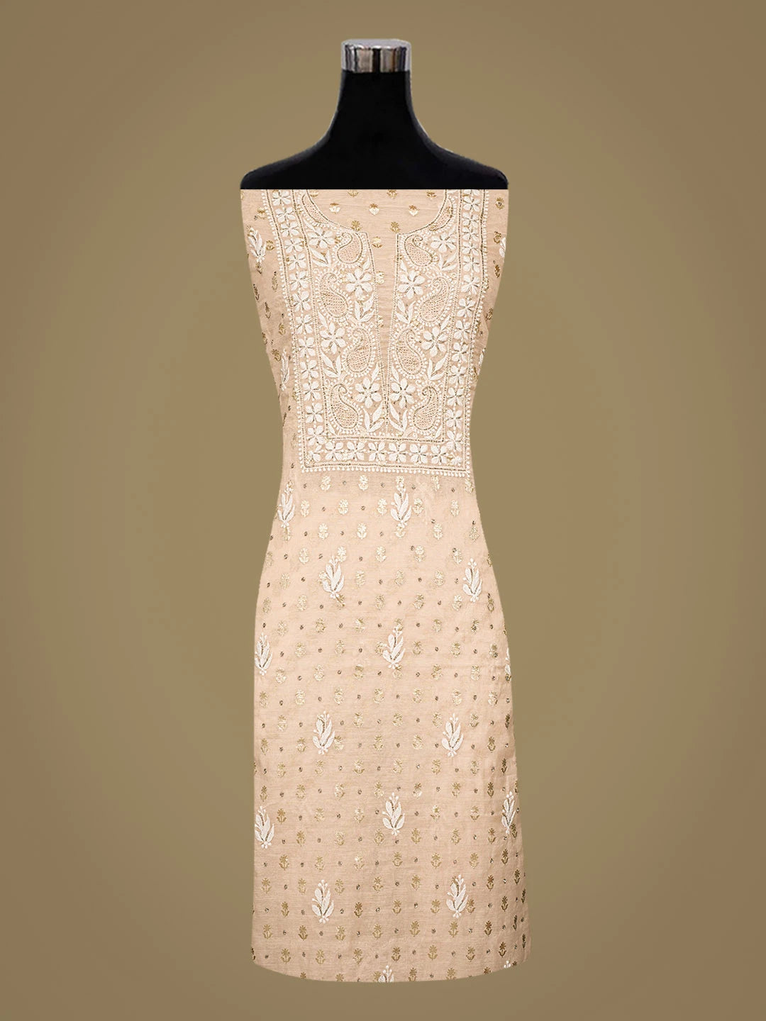Ada Hand Embroidered Light Peach Chanderi Lucknowi Chikankari Unstitched Kurta Dupatta Set With Cutdana Work 01A722399