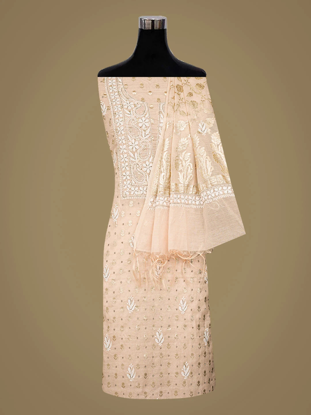 Ada Hand Embroidered Light Peach Chanderi Lucknowi Chikankari Unstitched Kurta Dupatta Set With Cutdana Work 01A722399