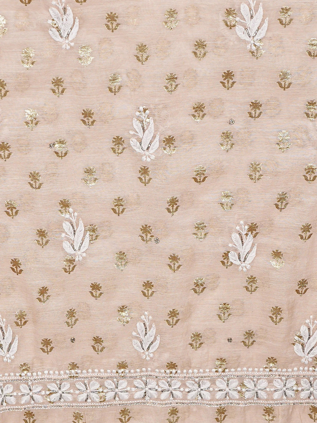 Ada Hand Embroidered Light Peach Chanderi Lucknowi Chikankari Unstitched Kurta Dupatta Set With Cutdana Work 01A722399