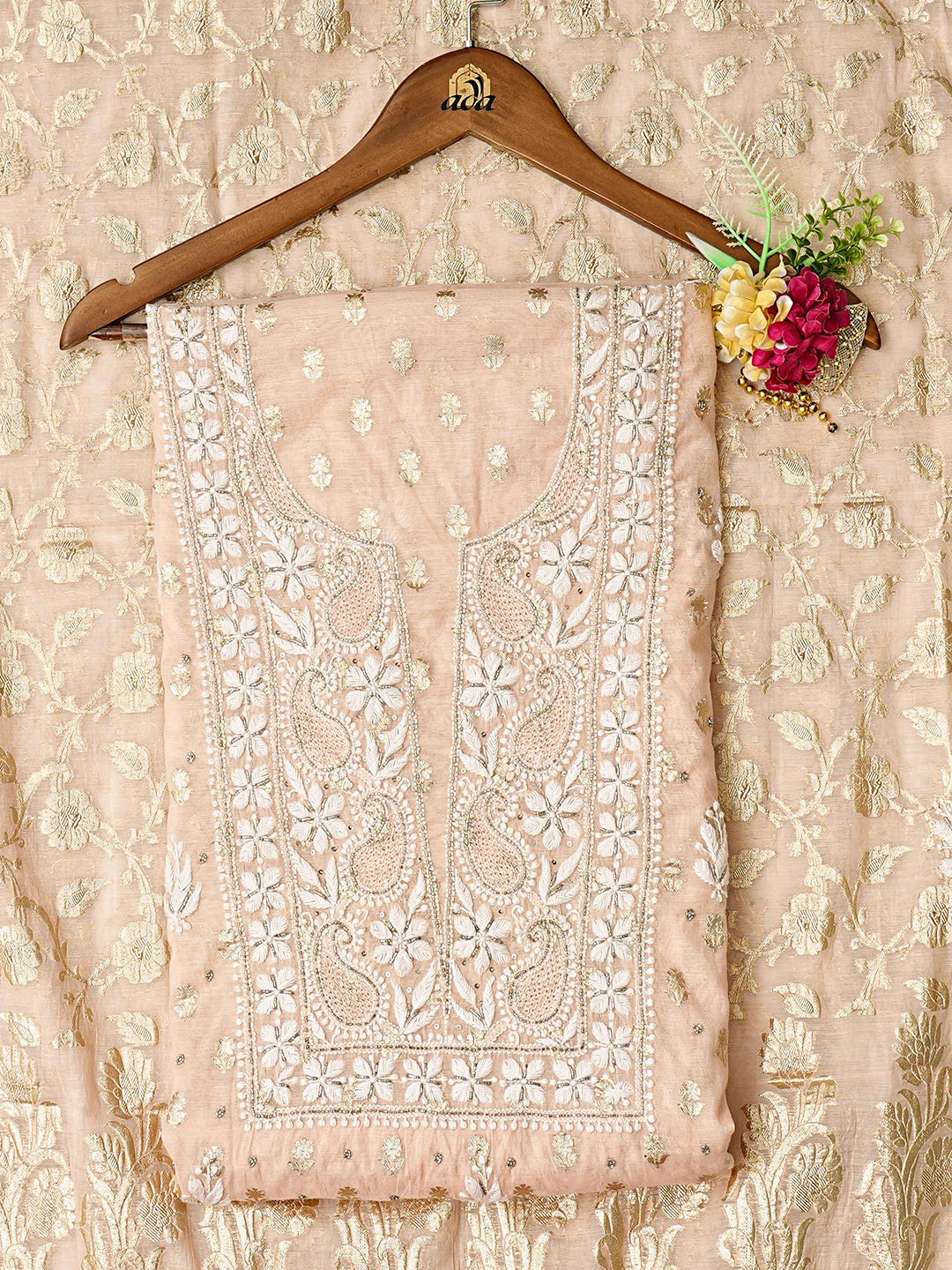 Ada Hand Embroidered Light Peach Chanderi Lucknowi Chikankari Unstitched Kurta Dupatta Set With Cutdana Work 01A722399