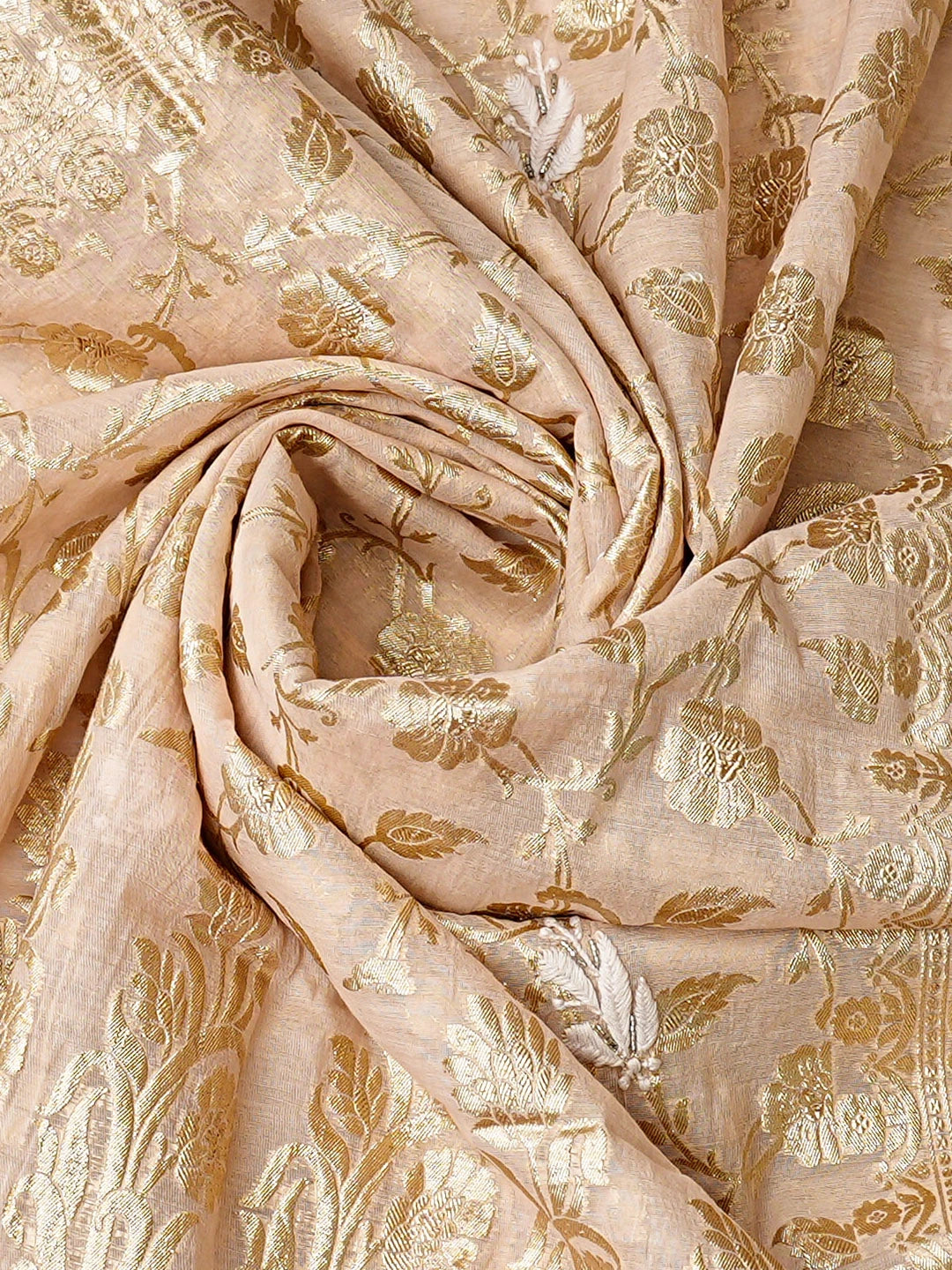 Ada Hand Embroidered Light Peach Chanderi Lucknowi Chikankari Unstitched Kurta Dupatta Set With Cutdana Work 01A722399