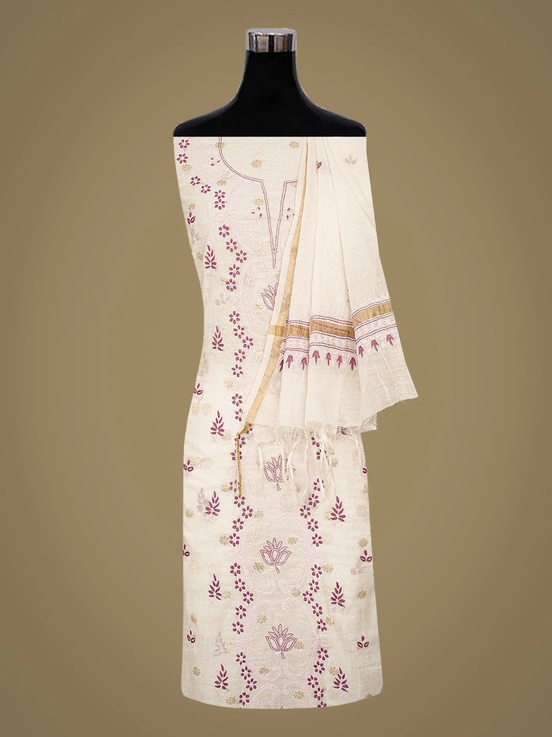Ada Hand Embroidered White Chanderi Lucknowi Chikankari Unstitched Kurta Dupatta Set 01A836906