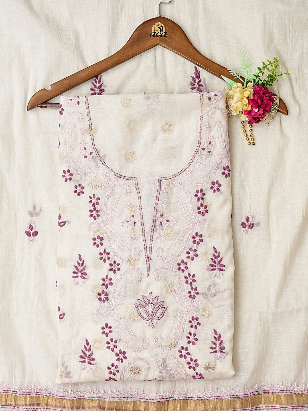 Ada Hand Embroidered White Chanderi Lucknowi Chikankari Unstitched Kurta Dupatta Set 01A836906