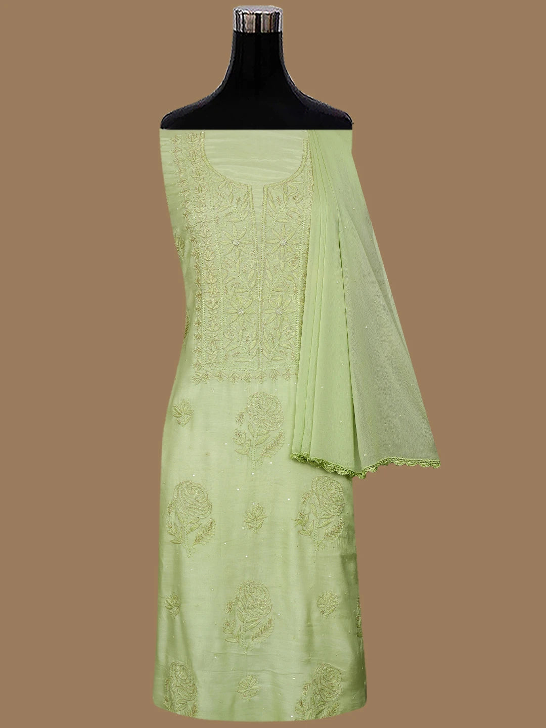 Ada Hand Embroidered Lime Green Muslin Lucknowi Chikankari Unstitched Suit Set With Zari Work 01A796107
