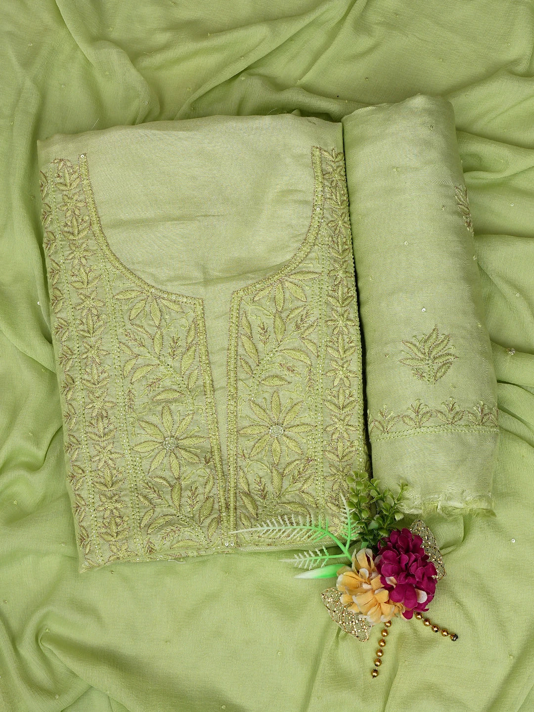 Ada Hand Embroidered Lime Green Muslin Lucknowi Chikankari Unstitched Suit Set With Zari Work 01A796107