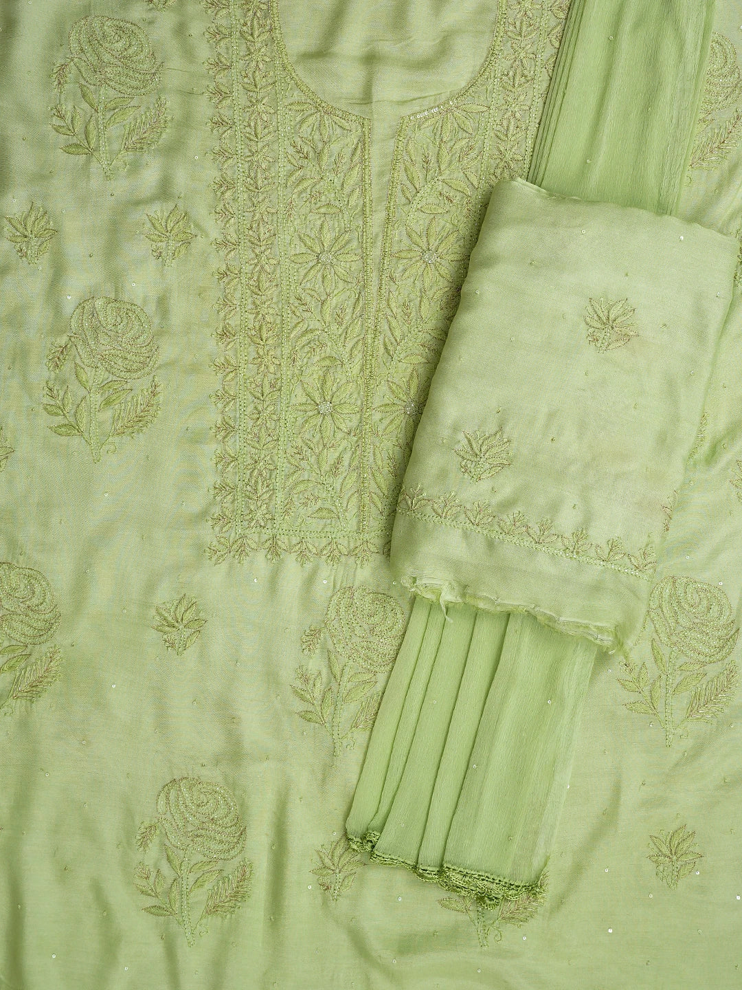 Ada Hand Embroidered Lime Green Muslin Lucknowi Chikankari Unstitched Suit Set With Zari Work 01A796107