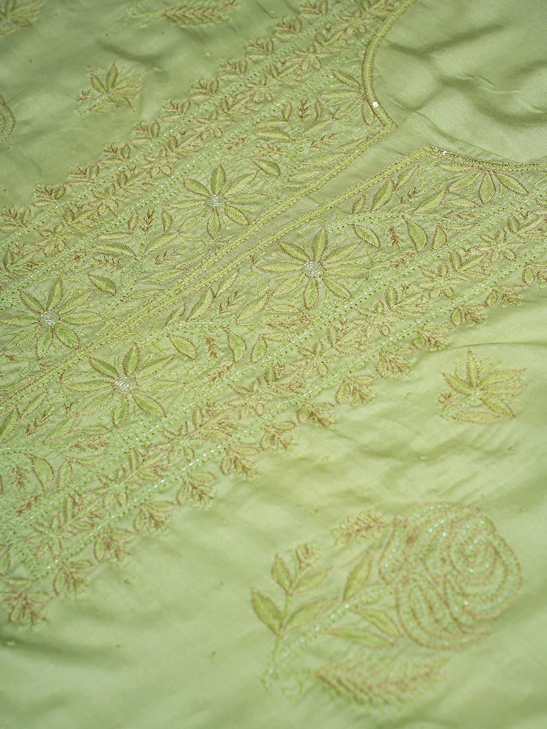 Ada Hand Embroidered Lime Green Muslin Lucknowi Chikankari Unstitched Suit Set With Zari Work 01A796107