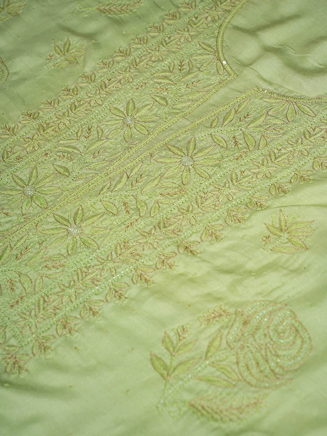Ada Hand Embroidered Lime Green Muslin Lucknowi Chikankari Unstitched Suit Set With Zari Work 01A796107